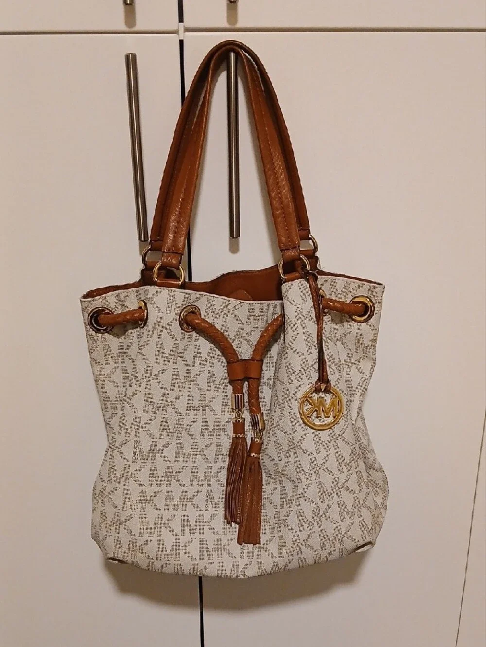 Michael Kors Beige Logo Tote with Brown Leather Trim and Tassel